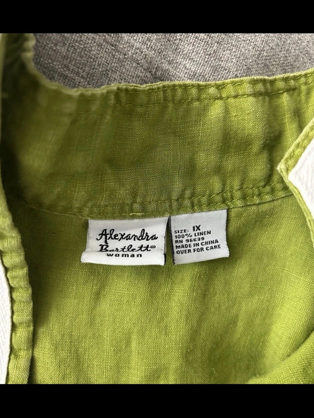 Alexandra Bartlett Top Tunic Blouse Popover 1X Green 100% Linen 3/4 Sleeve Split - Picture 2 of 8